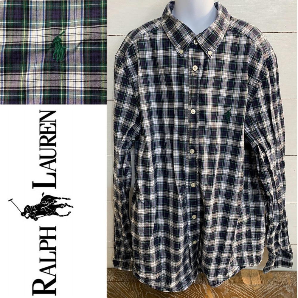 Ralph Lauren Boys’ Sz XL (18-20) Navy/Green‎ Plaid Cotton Oxford Shirt